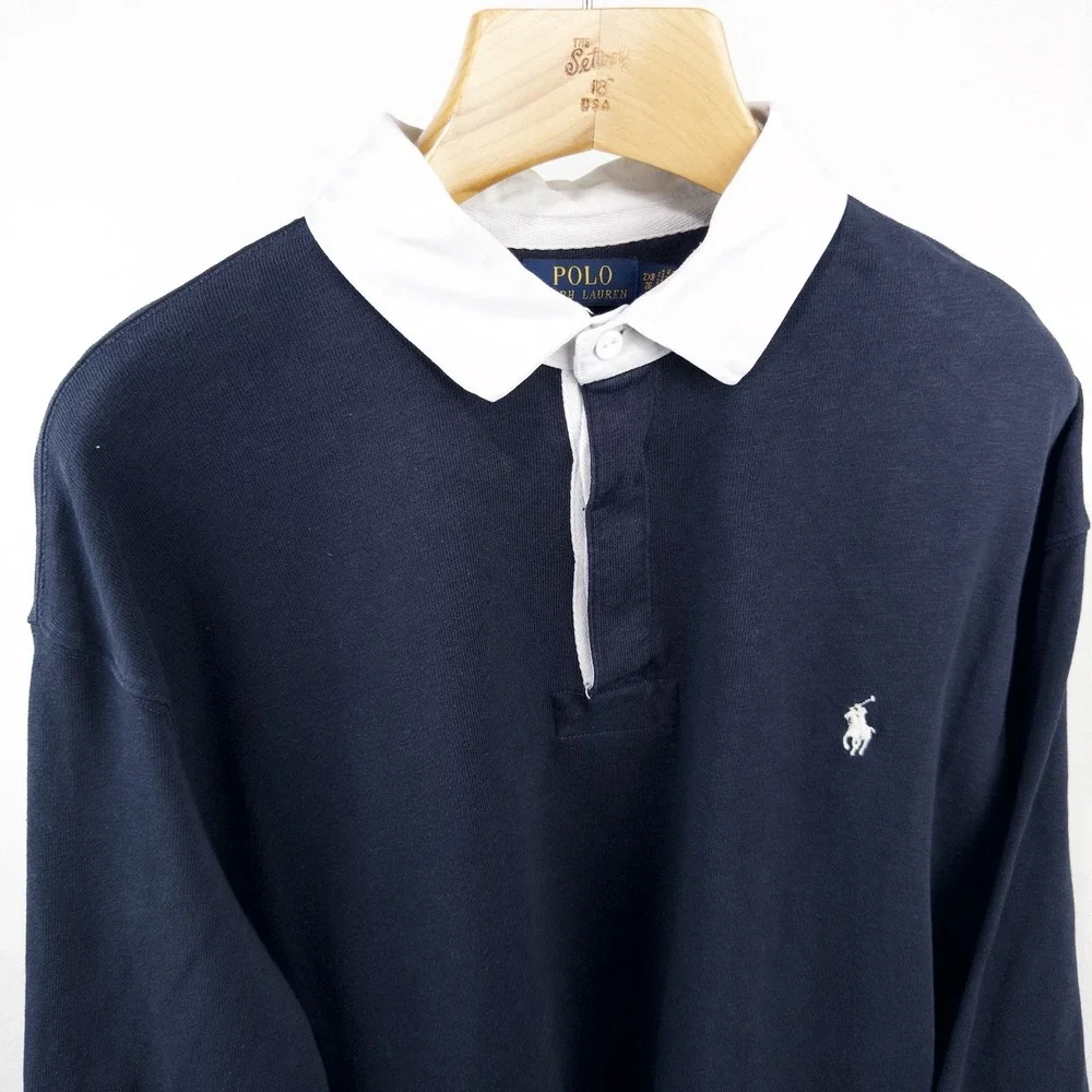 Polo Ralph Lauren Mens Long Sleeve Rugby Shirt Men's 2XB Navy Blue White Collar